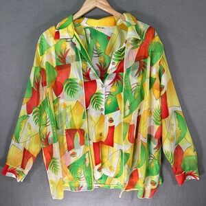 WON MOA Women's Abstract Print Sheer Long Sleeve Button Up Blouse‎ Shirt Top